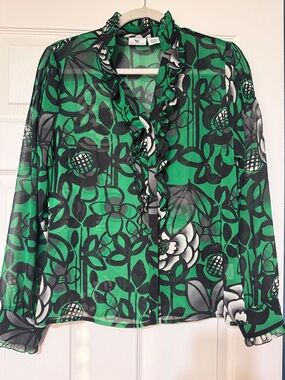 Green and Black Floral Ruffle Blouse